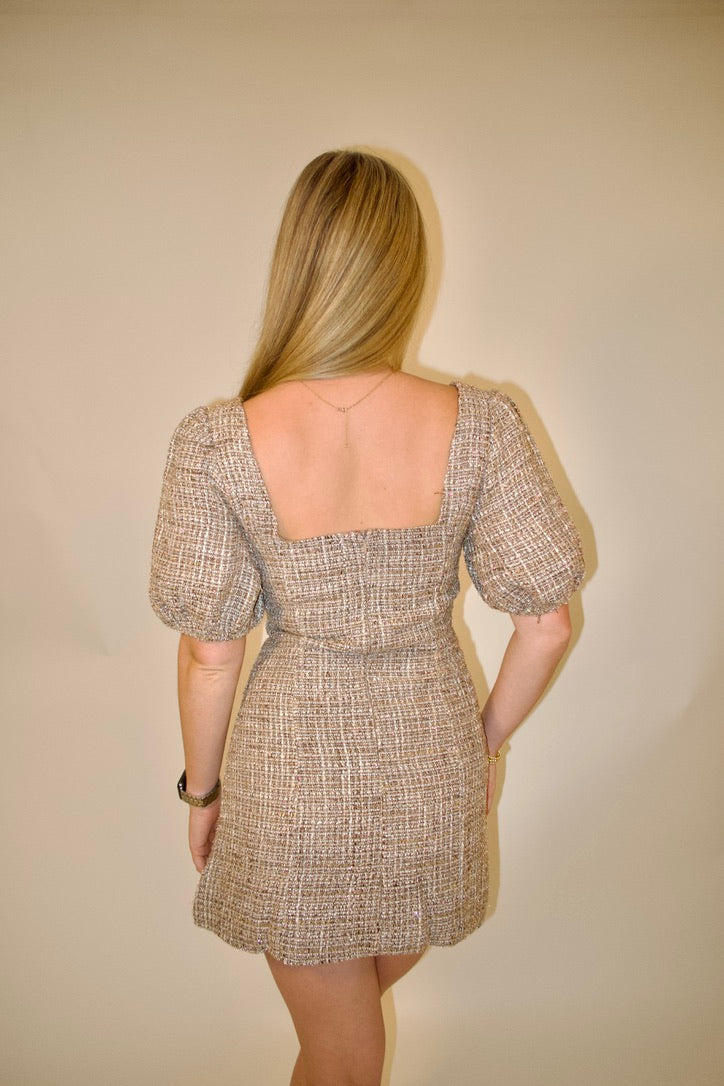 Puff Sleeve Tweed Mini Dress