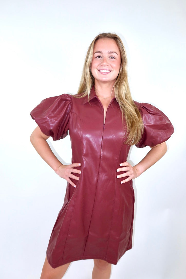 Puff Sleeve Leather Dress